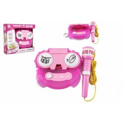 Obrázek Mikrofon karaoke růžový plast na baterie se světlem v krabici 24x21x5,5cm