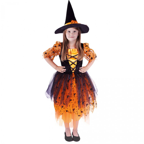 Dětský kostým oranžová čarodějnice s kloboukem (M) e-obal