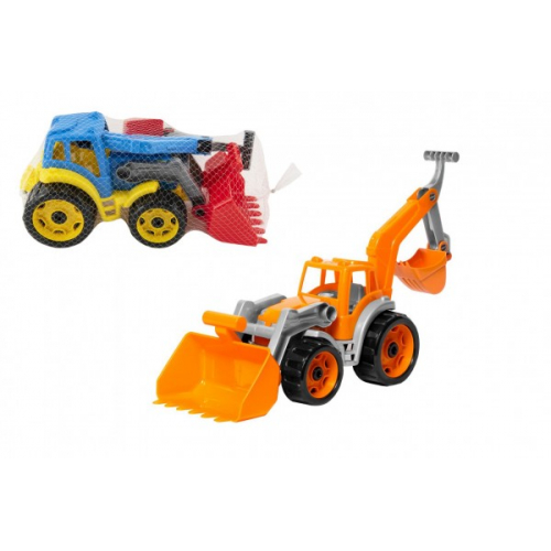 Obrázek Traktor/nakladač/bagr se 2 lžícemi plast na volný chod 2 barvy v síťce 16x35x16cm