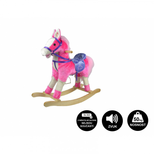 Obrázek Kůň houpací růžový plyš na baterie 71cm se zvukem a pohybem nosnost 50kg v krabici 62x56x19cm