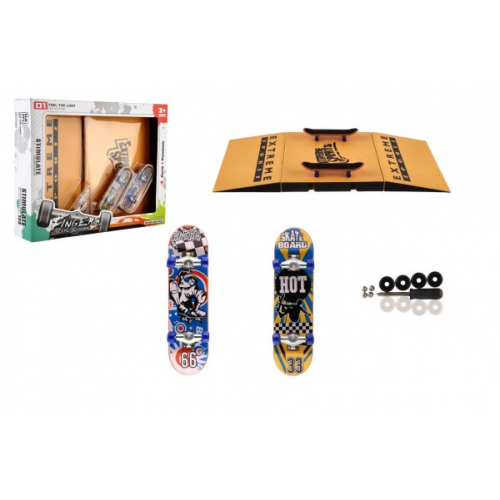Obrázek Skateboard prstový šroubovací 2ks plast 10cm s rampou s doplňky v krabičce 30x24x6cm