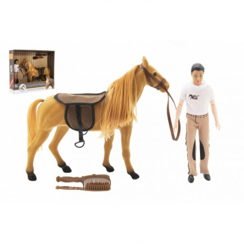 Obrázek Kůň fliška česací + panáček kloubový 30cm plast s doplňky v krabici 45x39x12cm
