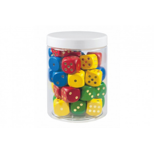 Obrázek Hrací kostky barevné dřevo společenská hra 25mm 34 ks v plastové dóze 10x14cm 12m+