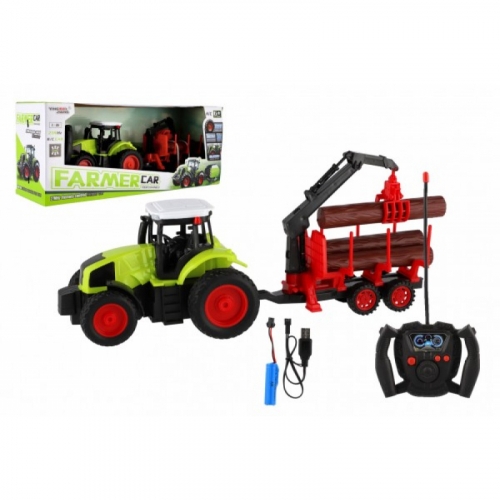Obrázek Traktor RC s vlekem na dřevo plast 38cm 27MHz + dobíjecí pack na baterie v krabici 45x18x13cm