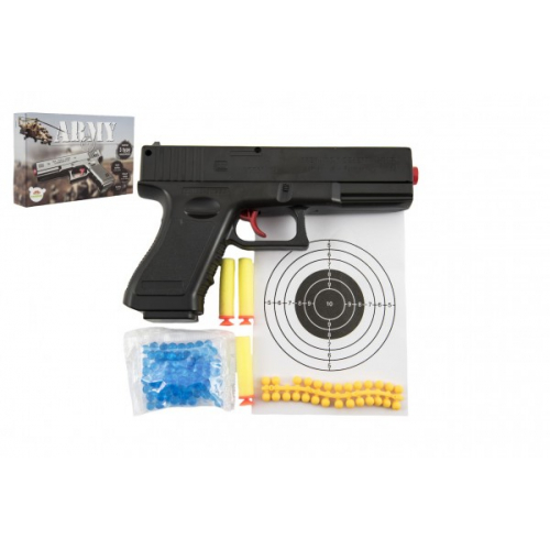 Obrázek Pistole na kuličky 20cm plast + vodní kuličky 6mm,pěnové náboje 3ks,gumové kul. v krabičce 23x15x4cm