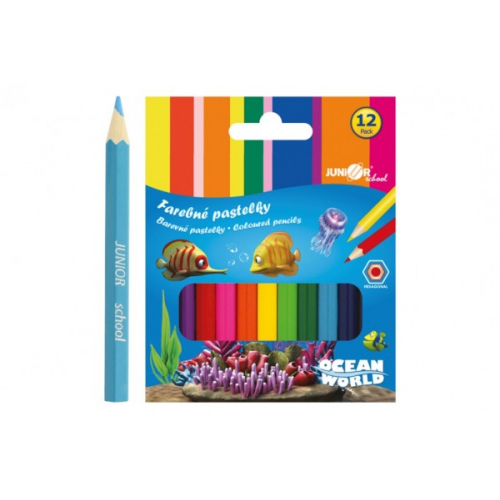 Obrázek Pastelky barevné dřevo krátké Ocean World šestihranné 12 ks v krabičce 9x11,5x1cm 12ks v krabici