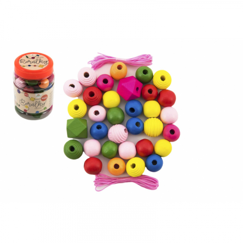 Obrázek Korálky dřevěné barevné MAXI s gumičkami 54ks v malé plastové dóze 7x11cm