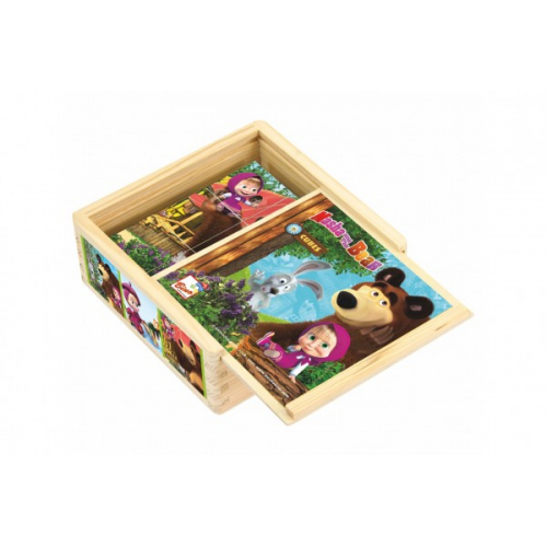 Obrázek Kostky kubus dřevěné Máša a Medvěd 9ks v krabičce 13x13x5cm 12m+