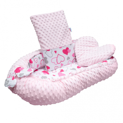 Obrázek Luxusní hnízdečko s polštářkem a peřinkou New Baby z Minky růžová srdíčka
