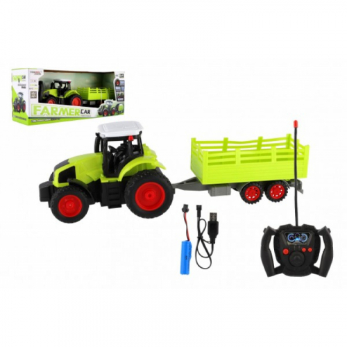 Obrázek Traktor RC s vlekem plast 38cm 27MHz + dobíjecí pack na baterie v krabici 45x19x13cm