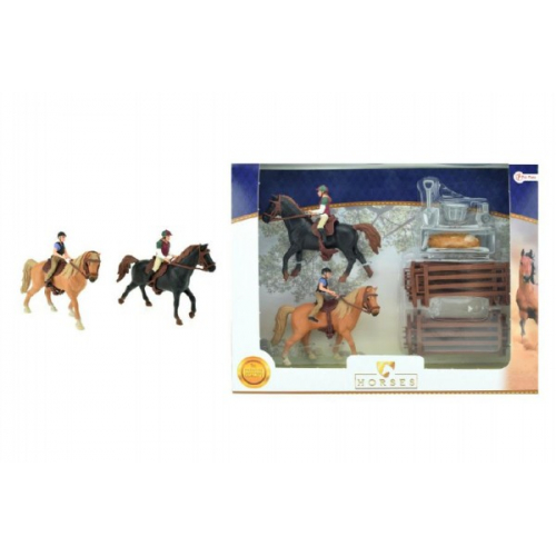 Obrázek Sada kůň 2ks + žokejové s doplňky farma plast v krabici 37x28x5cm