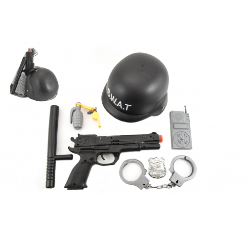 Obrázek Sada SWAT helma+pistole na setrvačník s doplňky plast v síťce